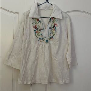 Vintage 60’s Embroidered linen Peasant Top with Collar